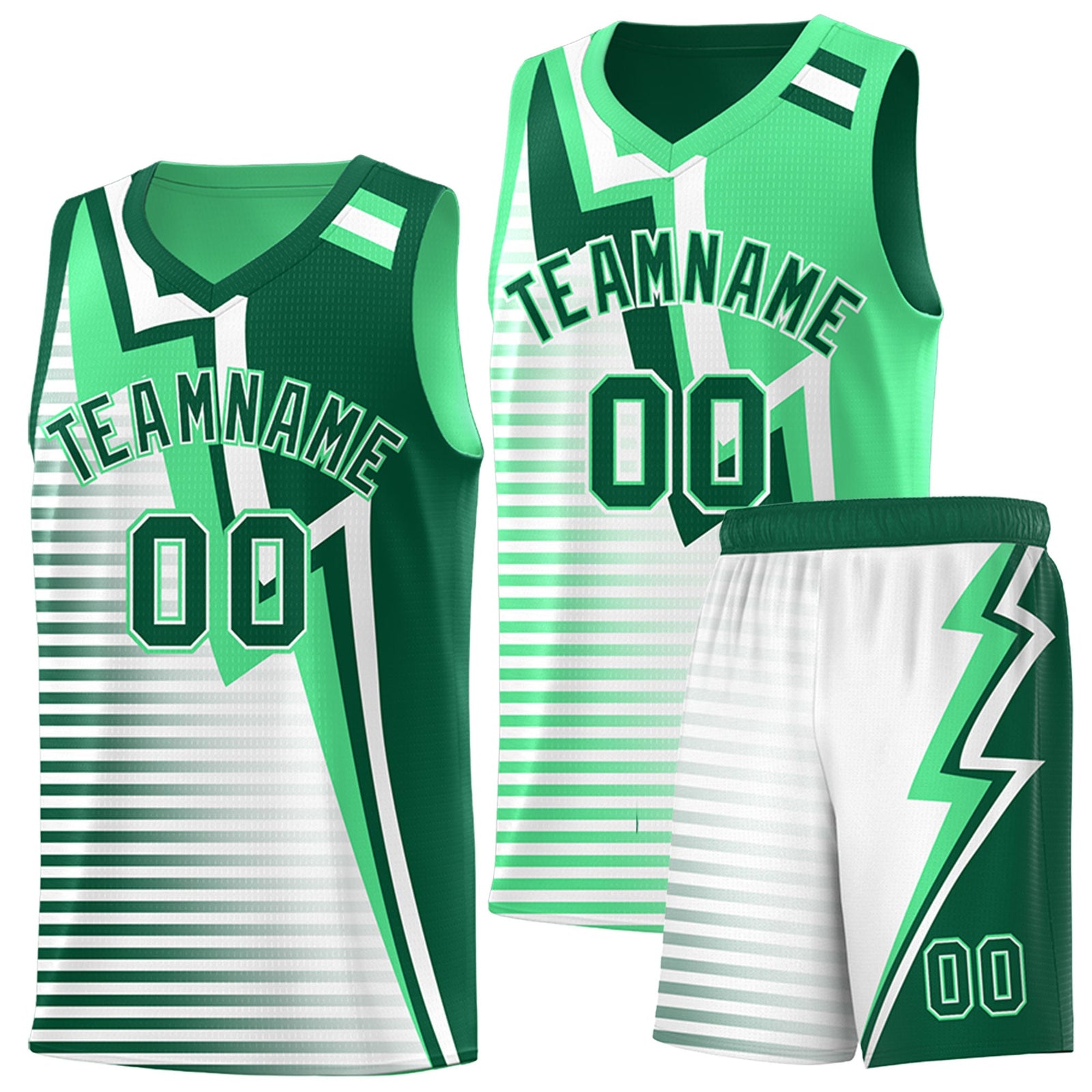 Custom Kelly Green Green White Gradient Stripes Lightning Pattern Reversible Sets Basketball Jersey| KXKSHOP