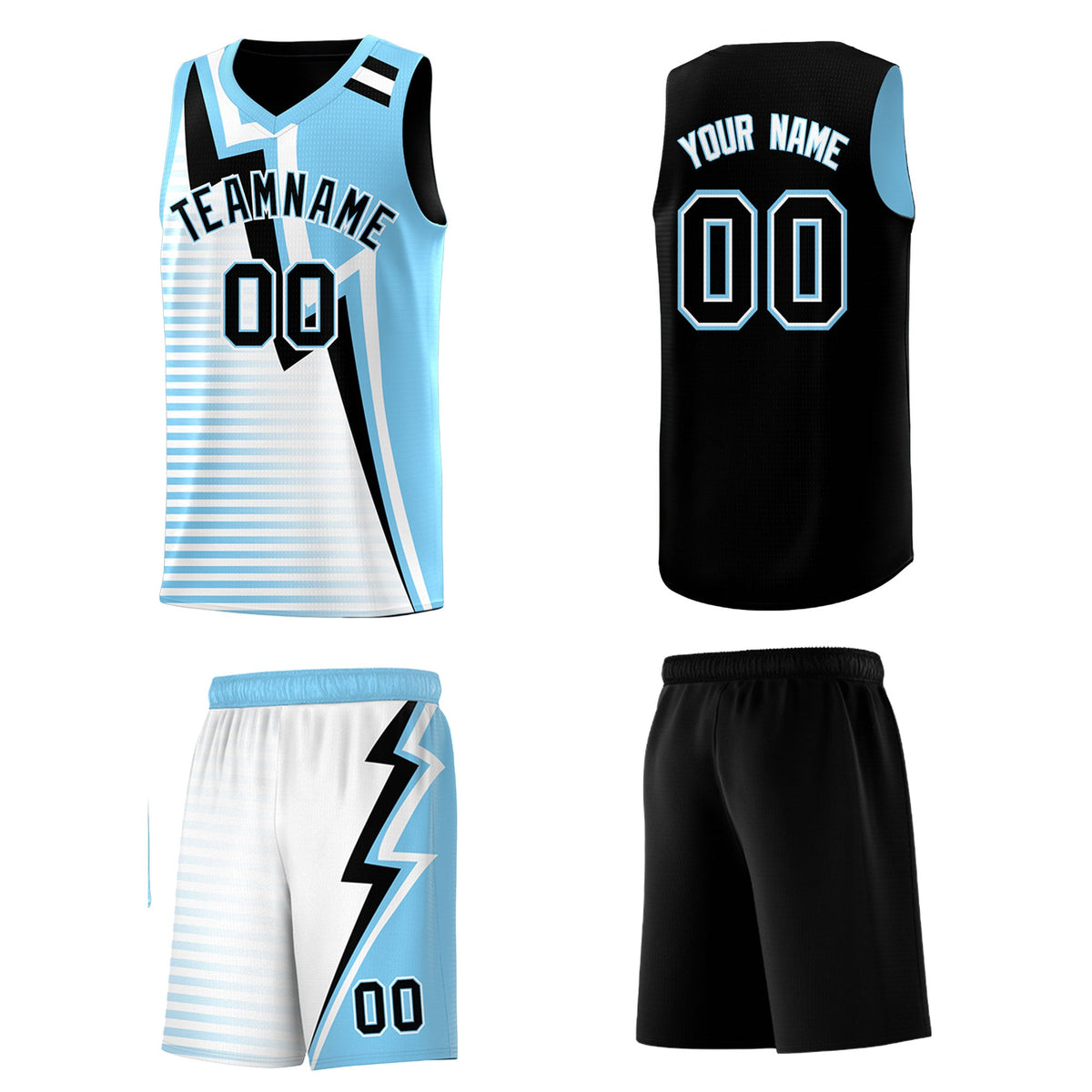 Custom Black Light Blue White Gradient Stripes Lightning Pattern Reversible Sets Basketball Jersey| KXKSHOP