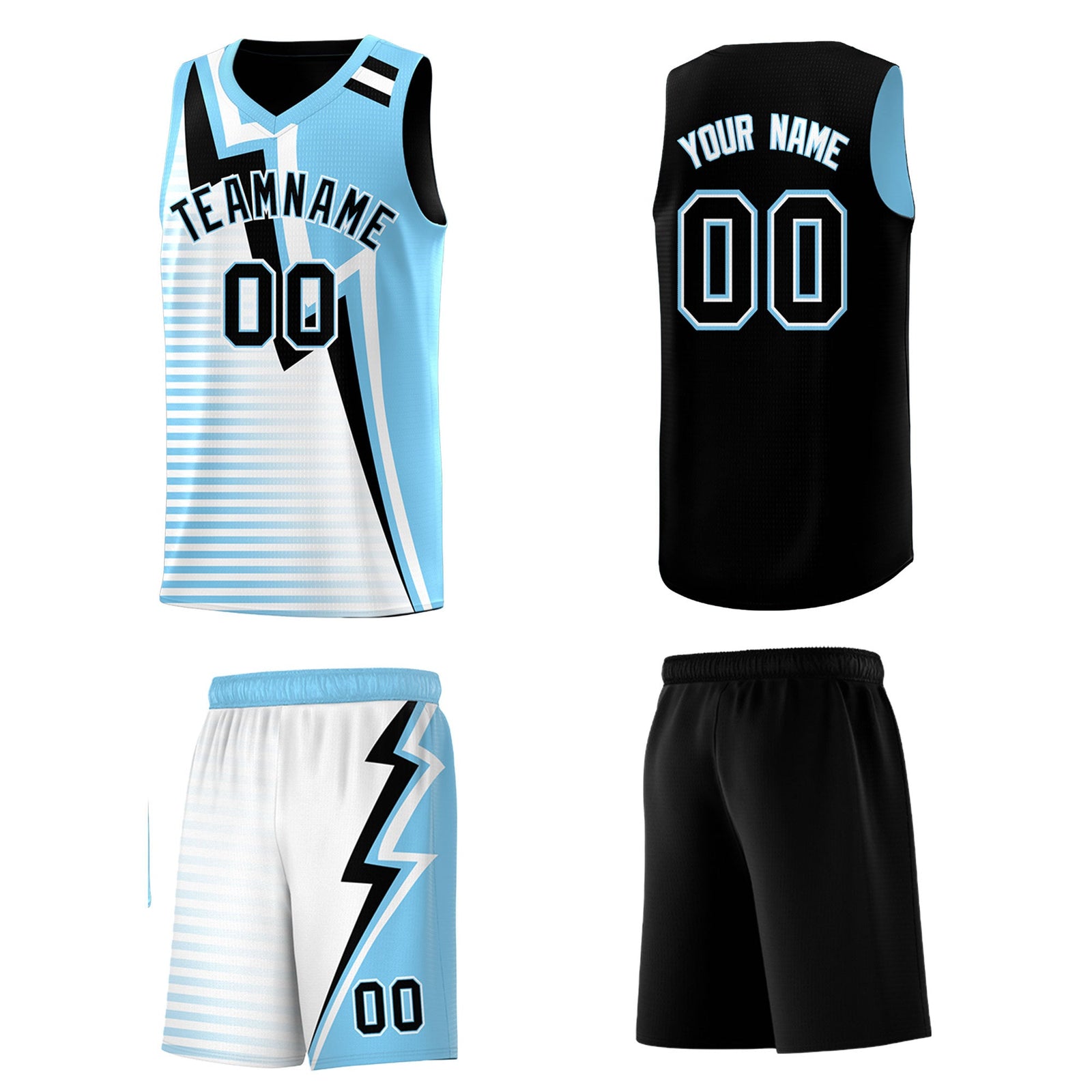Custom Black Light Blue White Gradient Stripes Lightning Pattern Reversible Sets Basketball Jersey| KXKSHOP