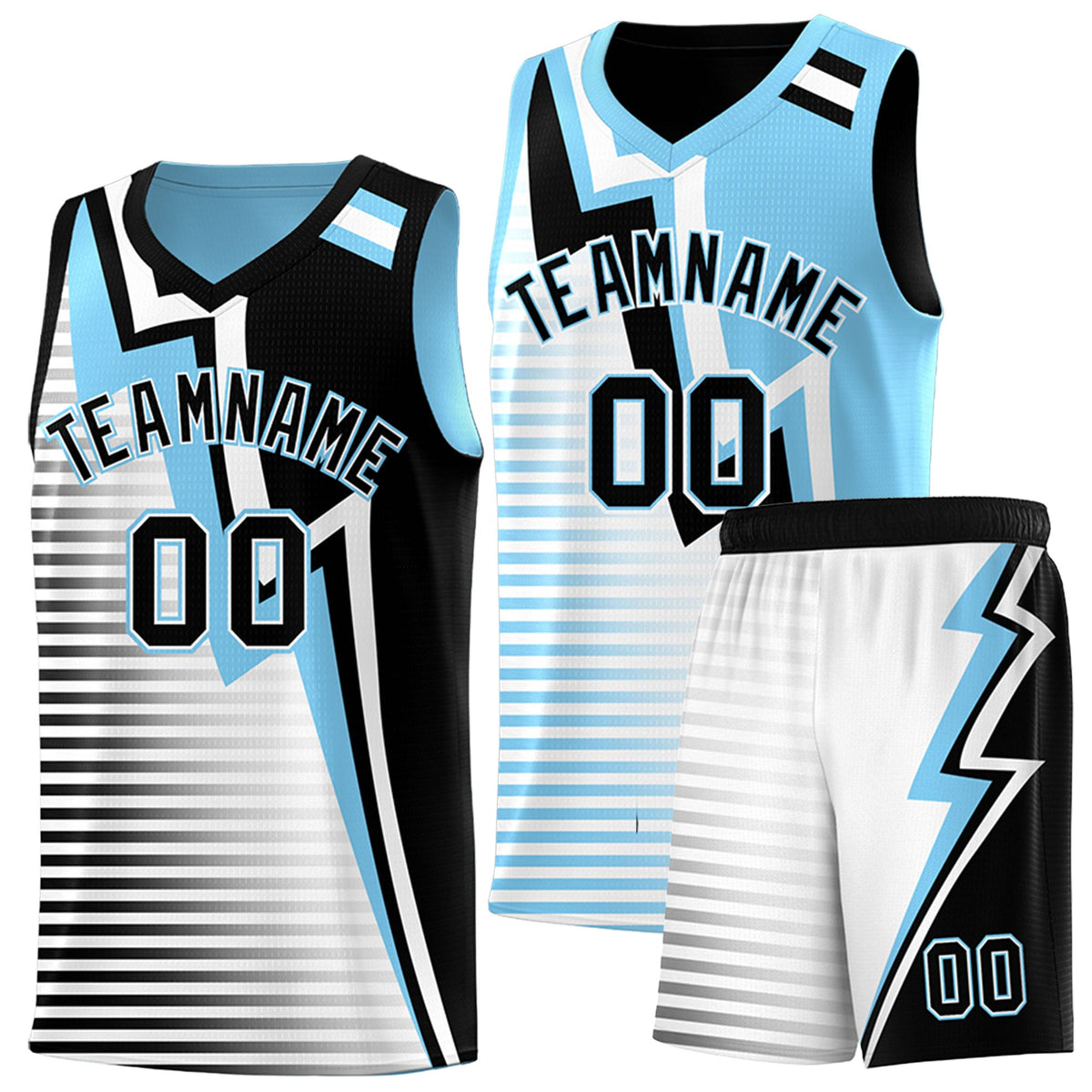 Custom Black Light Blue White Gradient Stripes Lightning Pattern Reversible Sets Basketball Jersey| KXKSHOP
