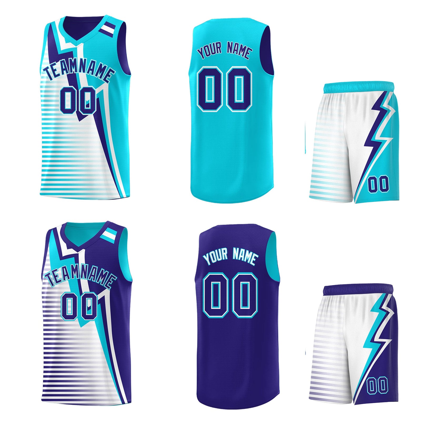 Custom Sky Blue Royal White Gradient Stripes Lightning Pattern Reversible Sets Basketball Jersey| KXKSHOP