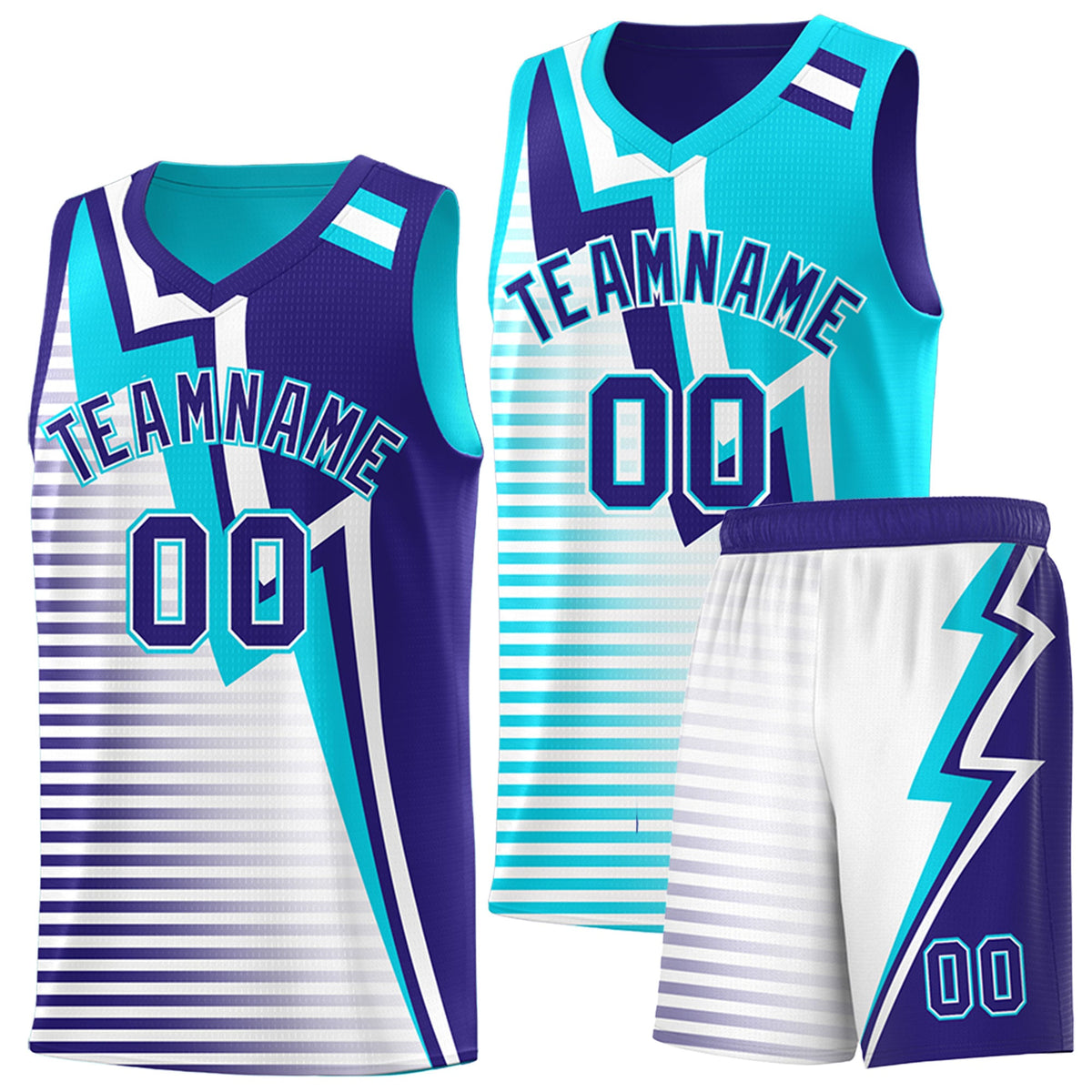 Custom Sky Blue Royal White Gradient Stripes Lightning Pattern Reversible Sets Basketball Jersey| KXKSHOP