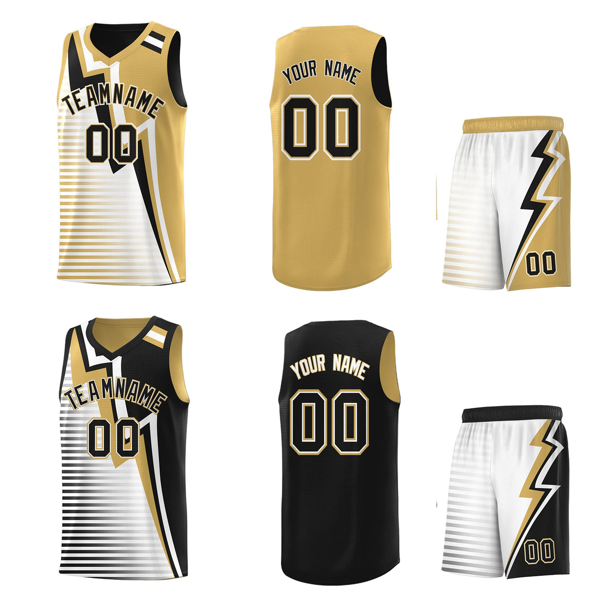 Custom Black Old Gold White Gradient Stripes Lightning Pattern Reversible Sets Basketball Jersey| KXKSHOP