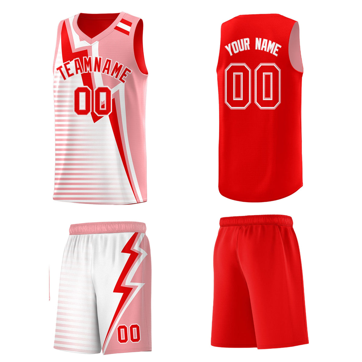 Custom Light Red Light Pink White Gradient Stripes Lightning Pattern Reversible Sets Basketball Jersey| KXKSHOP
