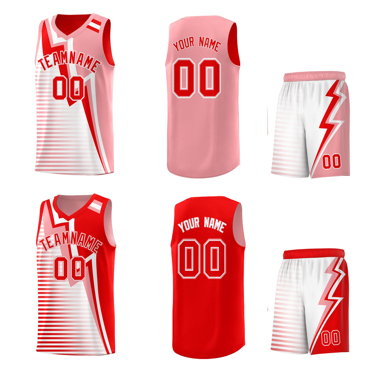 Custom Light Red Light Pink White Gradient Stripes Lightning Pattern Reversible Sets Basketball Jersey| KXKSHOP
