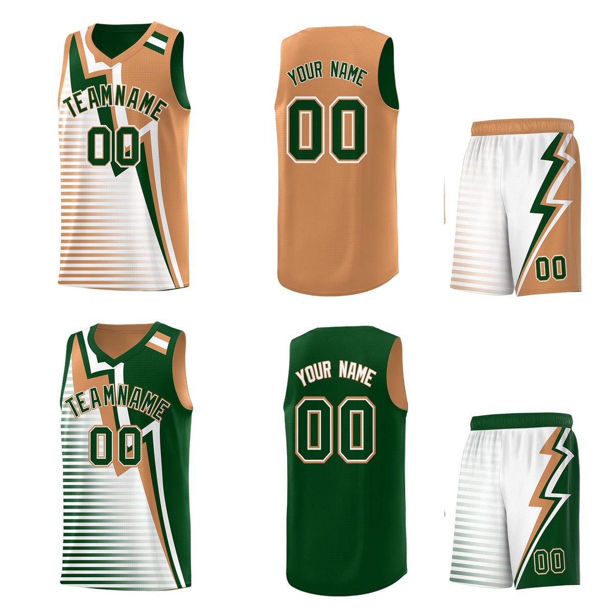 Custom Green Buckskin Brown White Gradient Stripes Lightning Pattern Reversible Sets Basketball Jersey| KXKSHOP
