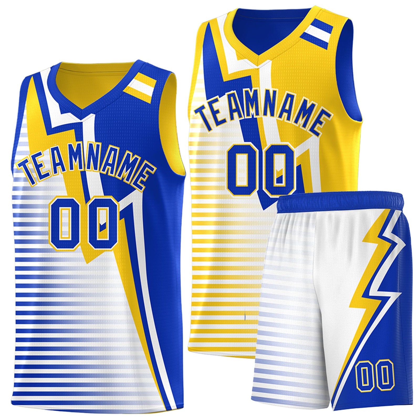 Custom Royal Blue Gold White Gradient Stripes Lightning Pattern Reversible Sets Basketball Jersey| KXKSHOP