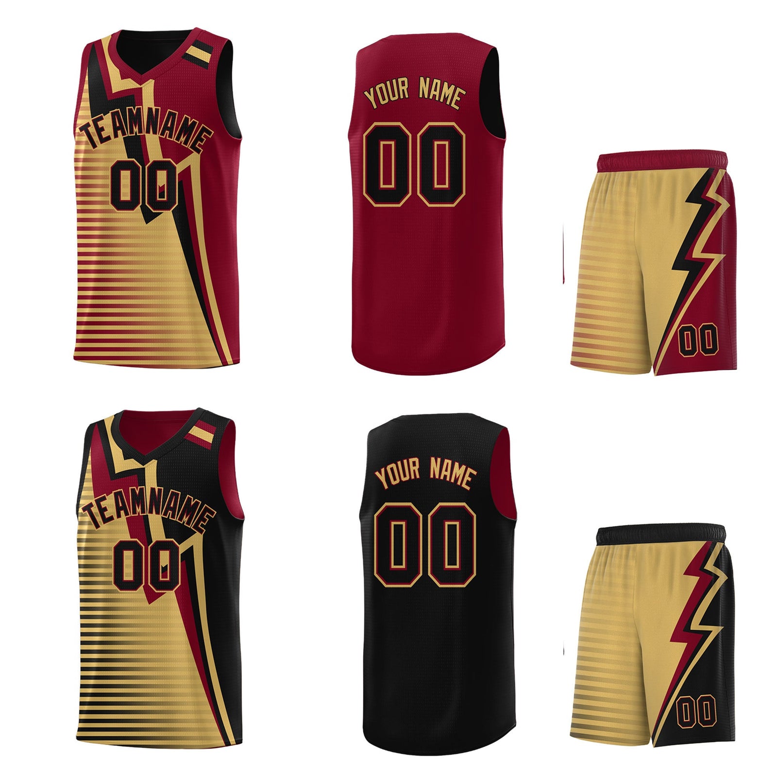Custom Black Old Gold Crimson Gradient Stripes Lightning Pattern Reversible Sets Basketball Jersey| KXKSHOP