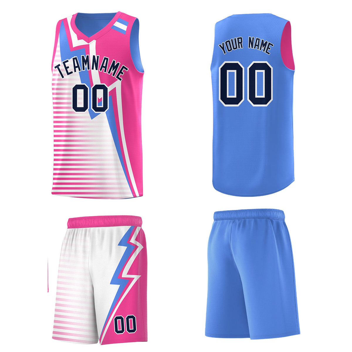 Custom Powder Blue Pink White Gradient Stripes Lightning Pattern Reversible Sets Basketball Jersey| KXKSHOP