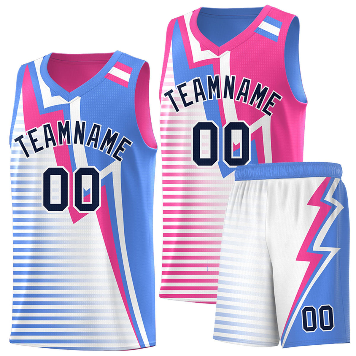 Custom Powder Blue Pink White Gradient Stripes Lightning Pattern Reversible Sets Basketball Jersey| KXKSHOP