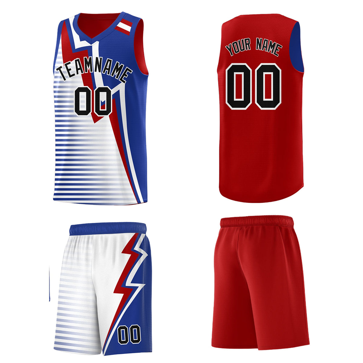 Custom Red Royal Blue White Gradient Stripes Lightning Pattern Reversible Sets Basketball Jersey| KXKSHOP