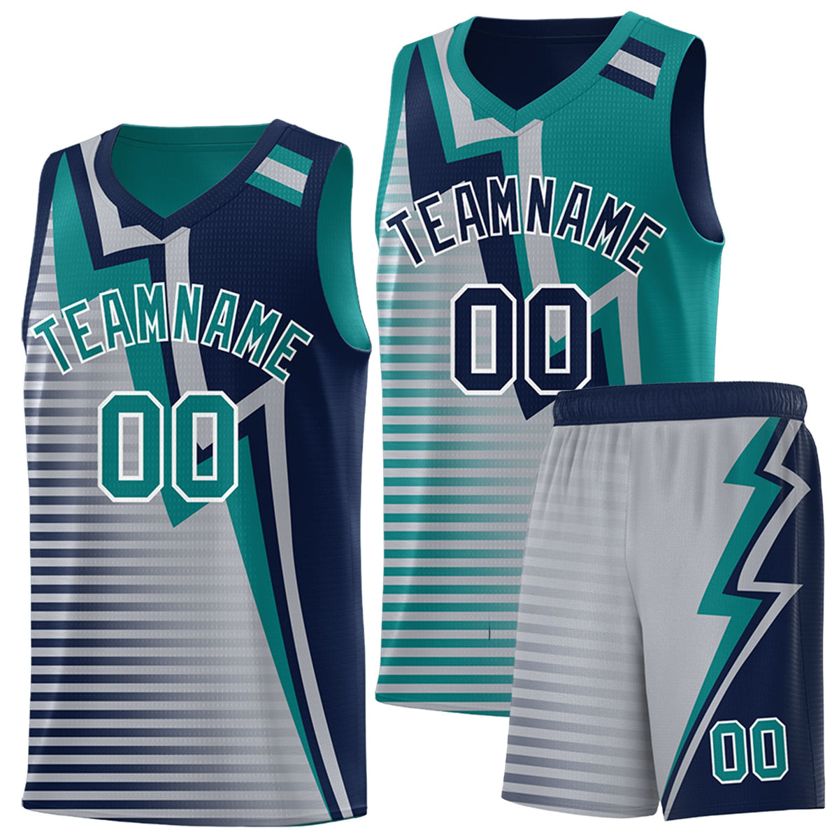 Custom Navy Teal Gray Gradient Stripes Lightning Pattern Reversible Sets Basketball Jersey| KXKSHOP