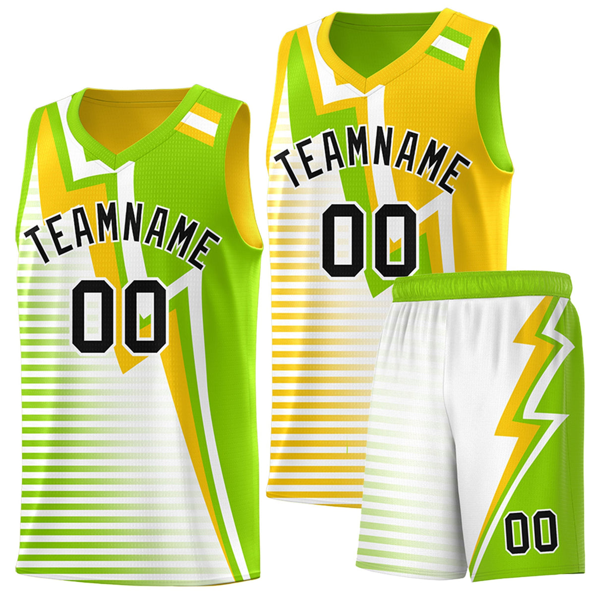 Custom Neon Green Gold White Gradient Stripes Lightning Pattern Reversible Sets Basketball Jersey| KXKSHOP