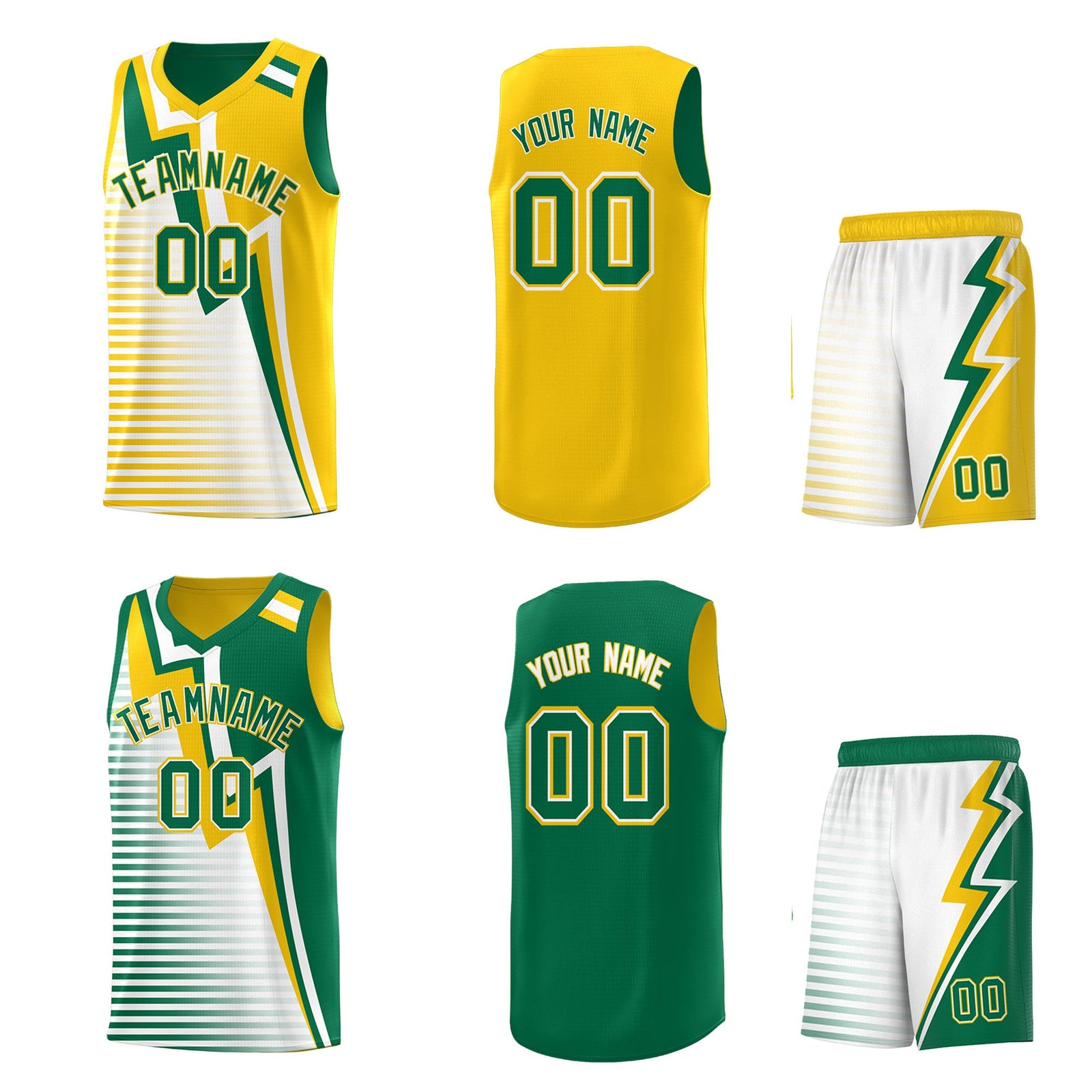 Custom Kelly Green Gold White Gradient Stripes Lightning Pattern Reversible Sets Basketball Jersey| KXKSHOP