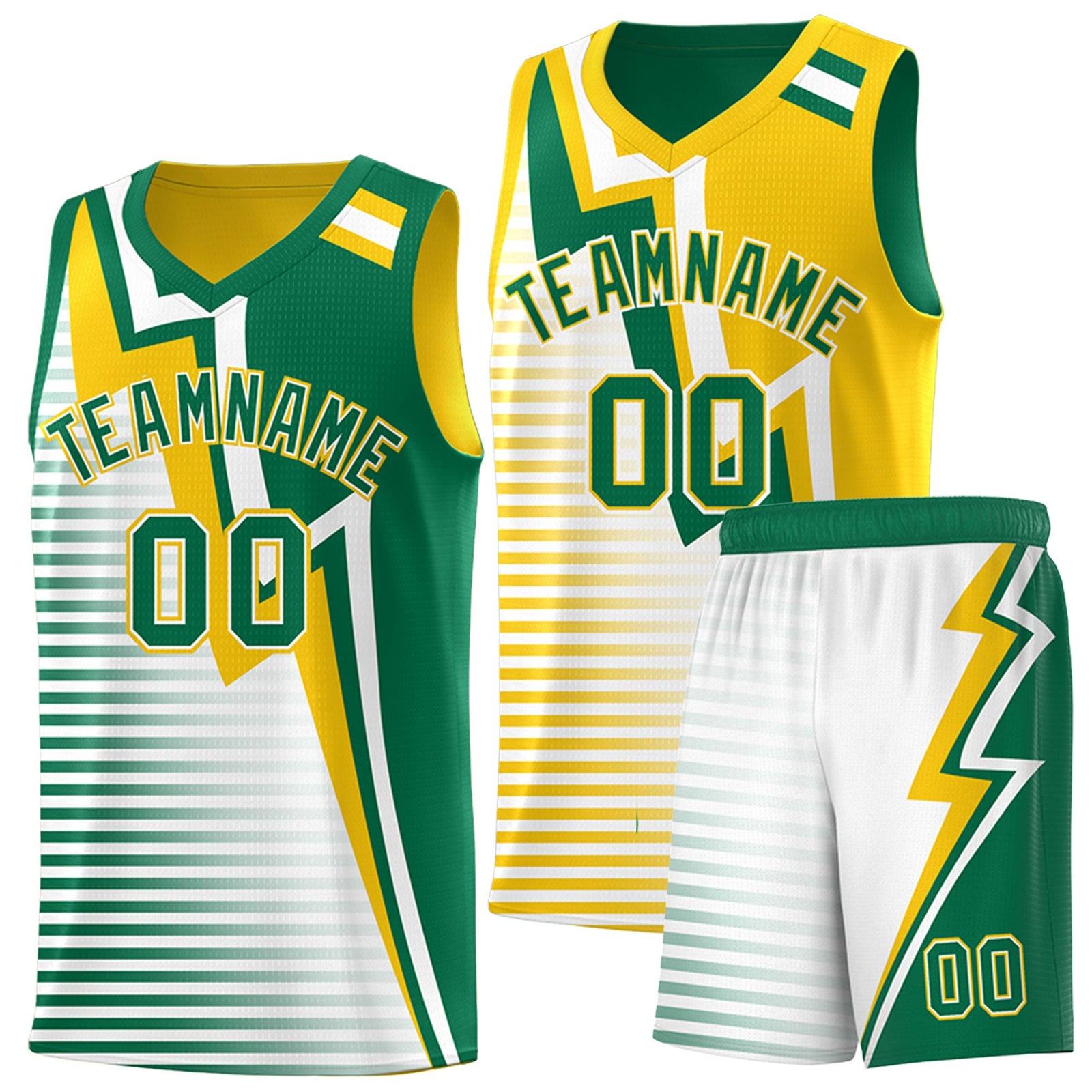 Custom Kelly Green Gold White Gradient Stripes Lightning Pattern Reversible Sets Basketball Jersey| KXKSHOP