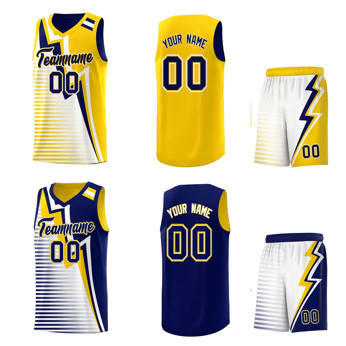 Custom Navy Gold White Gradient Stripes Lightning Pattern Reversible Sets Basketball Jersey| KXKSHOP