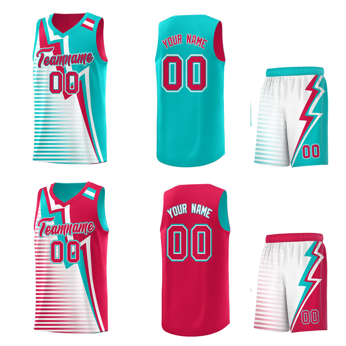 Custom Red Aqua White Gradient Stripes Lightning Pattern Reversible Sets Basketball Jersey| KXKSHOP