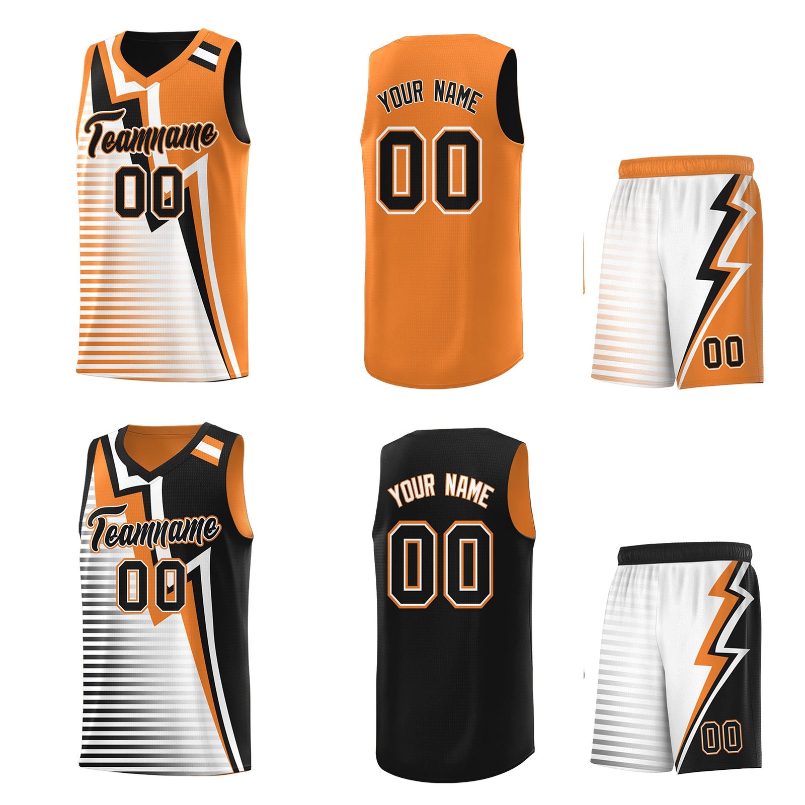 Custom Black Gold Orange White Gradient Stripes Lightning Pattern Reversible Sets Basketball Jersey| KXKSHOP