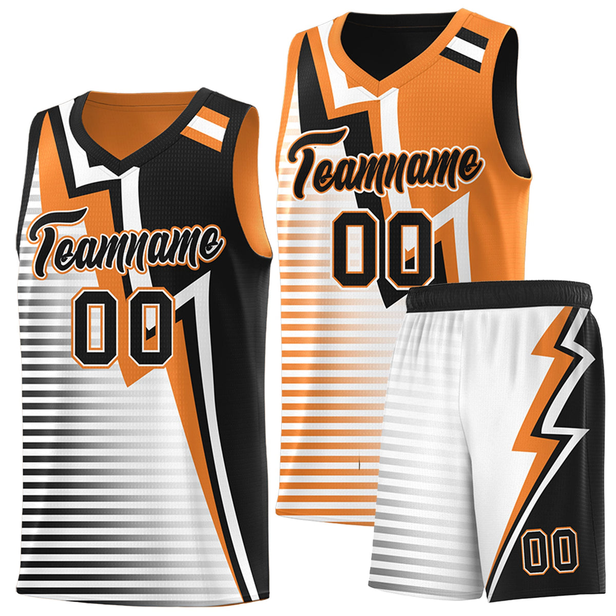 Custom Black Gold Orange White Gradient Stripes Lightning Pattern Reversible Sets Basketball Jersey| KXKSHOP