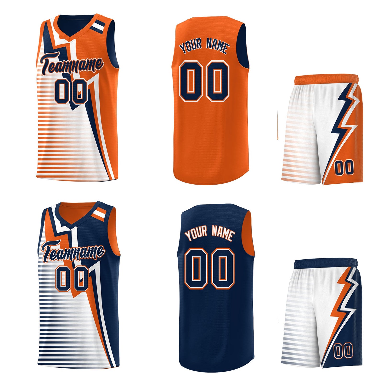 Custom Navy Orange White Gradient Stripes Lightning Pattern Reversible Sets Basketball Jersey| KXKSHOP
