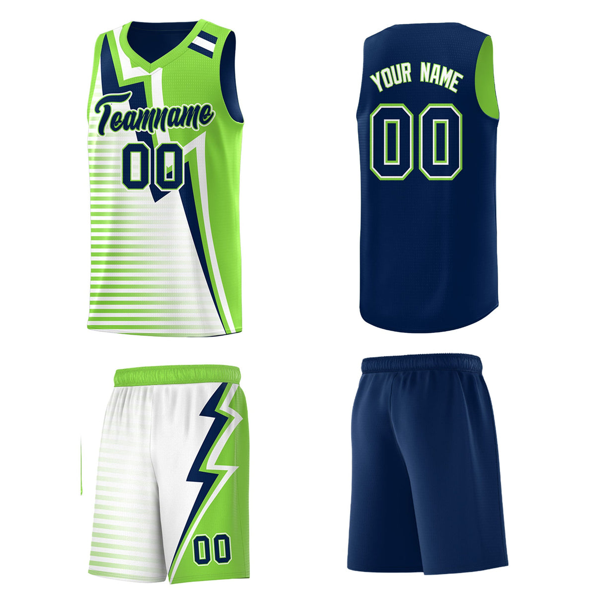 Custom Navy Fluorescent Green White Gradient Stripes Lightning Pattern Reversible Sets Basketball Jersey| KXKSHOP
