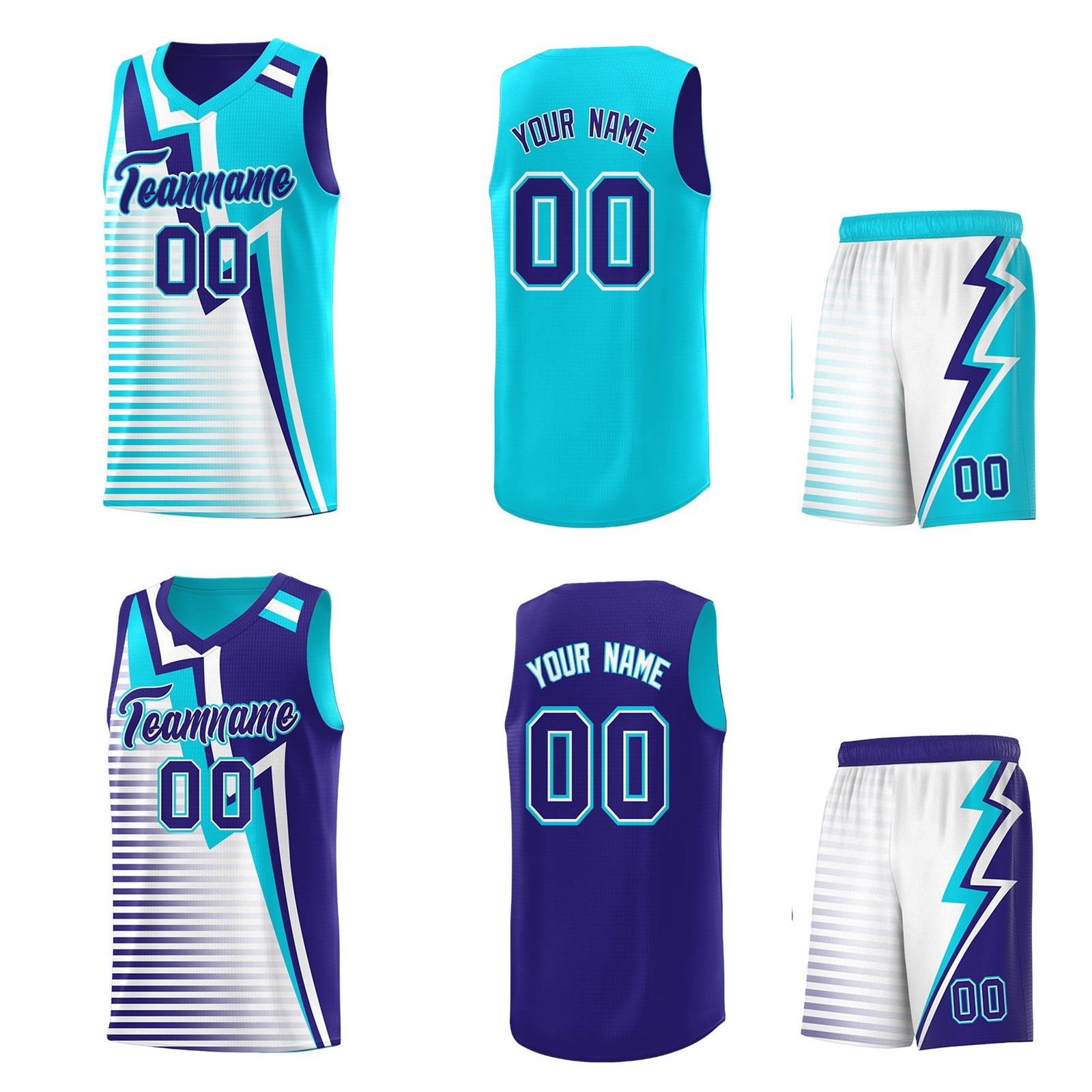 Custom Sky Blue Royal White Gradient Stripes Lightning Pattern Reversible Sets Basketball Jersey| KXKSHOP