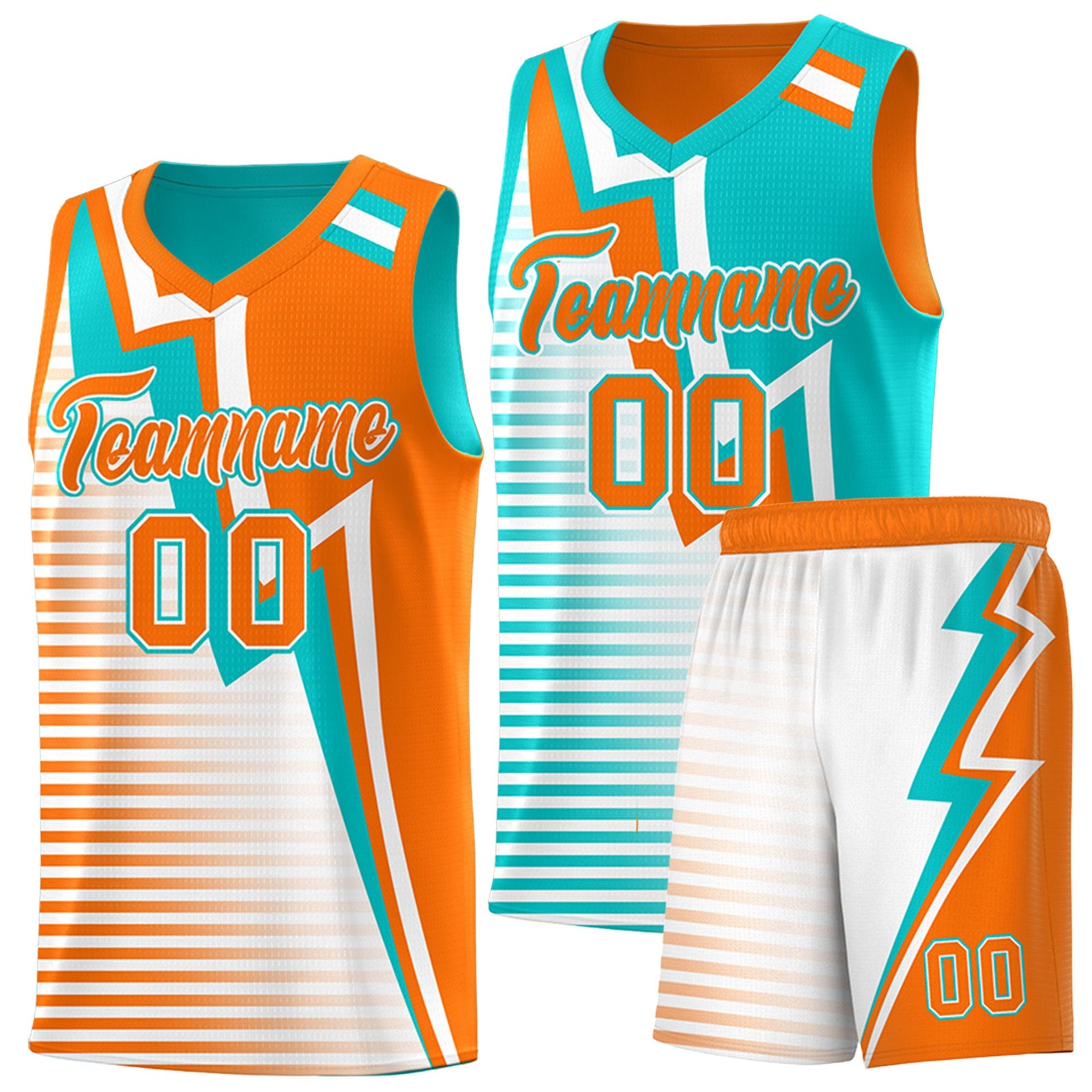 Custom Orange Aqua White Gradient Stripes Lightning Pattern Reversible Sets Basketball Jersey| KXKSHOP