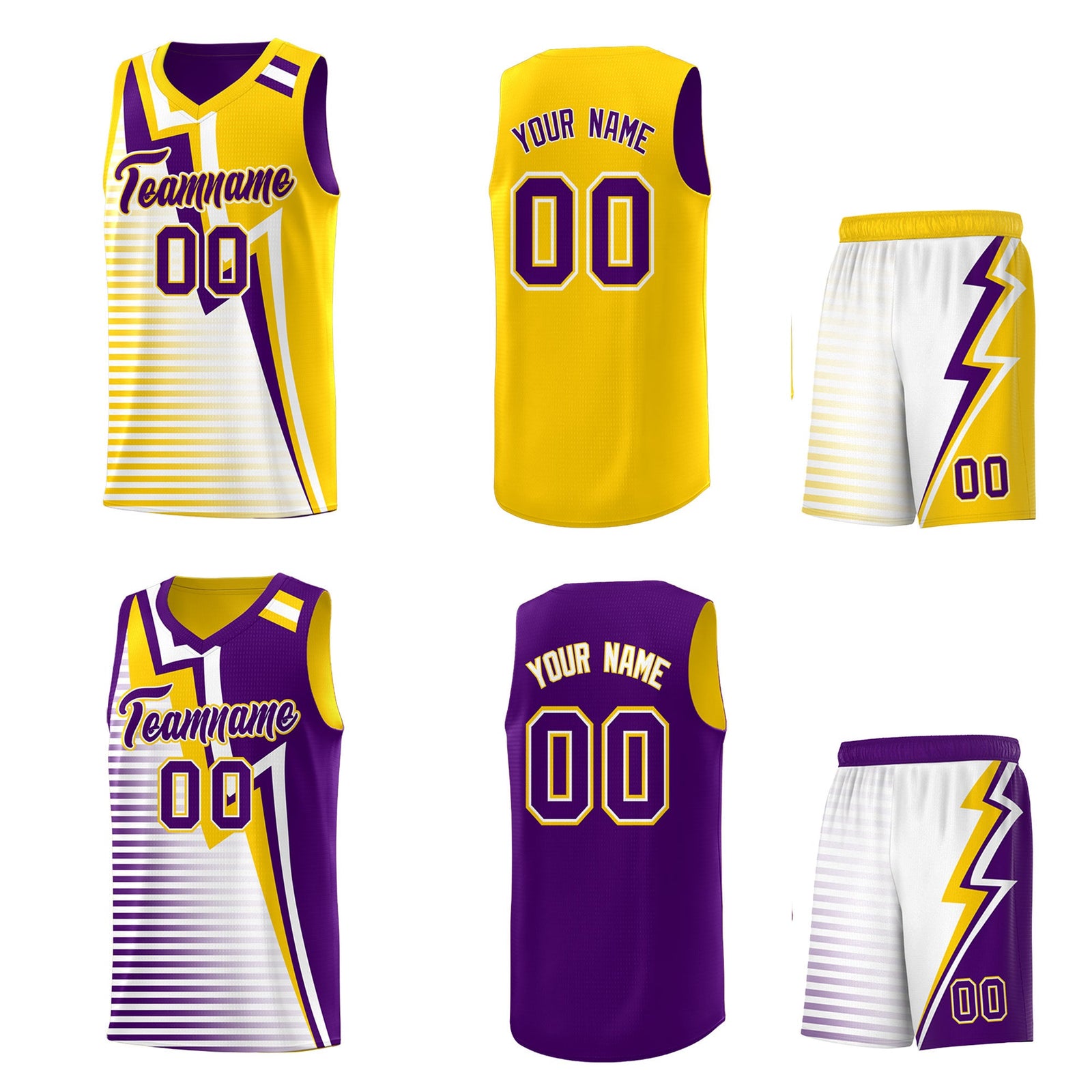 Custom Purple Gold White Gradient Stripes Lightning Pattern Reversible Sets Basketball Jersey| KXKSHOP