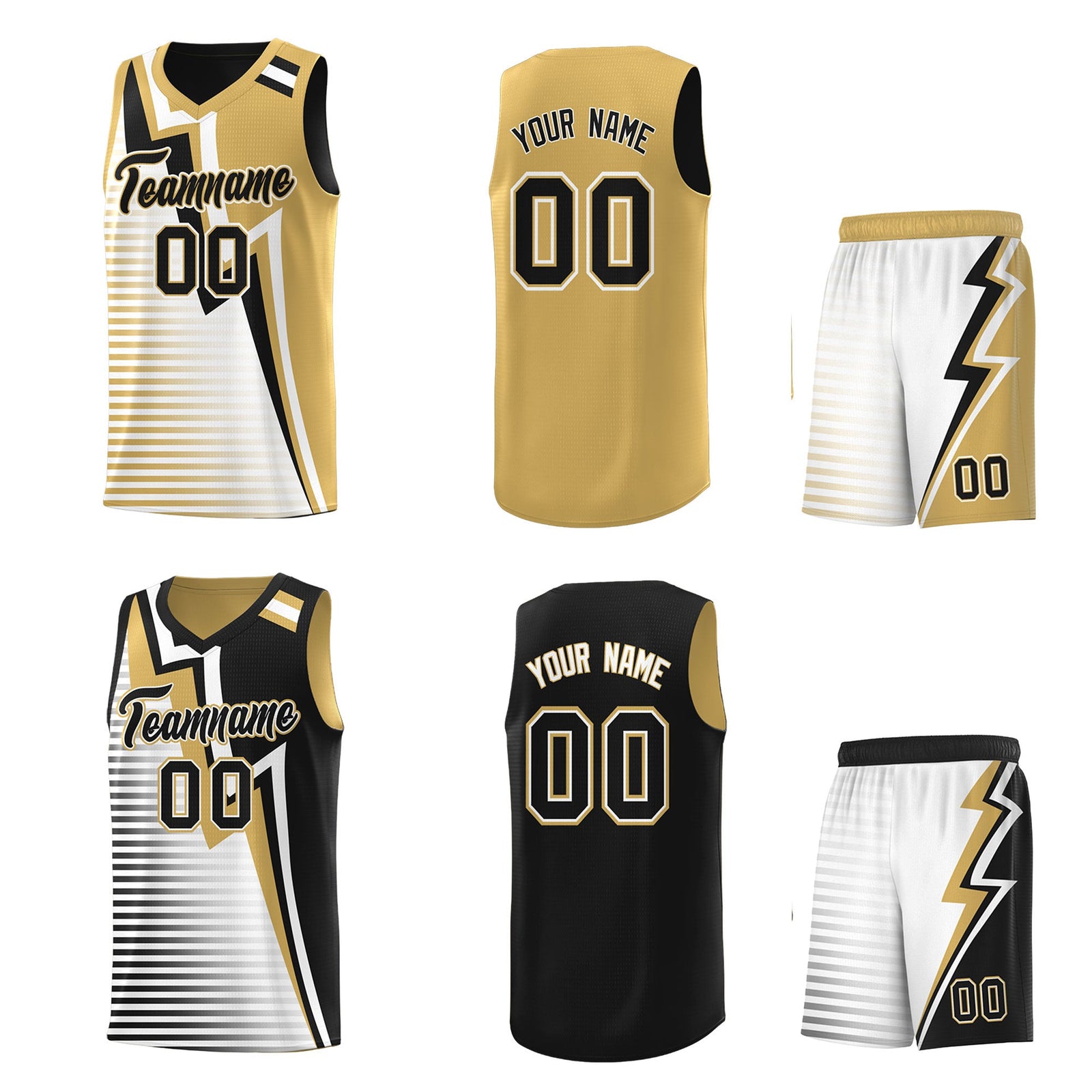 Custom Black Old Gold White Gradient Stripes Lightning Pattern Reversible Sets Basketball Jersey| KXKSHOP