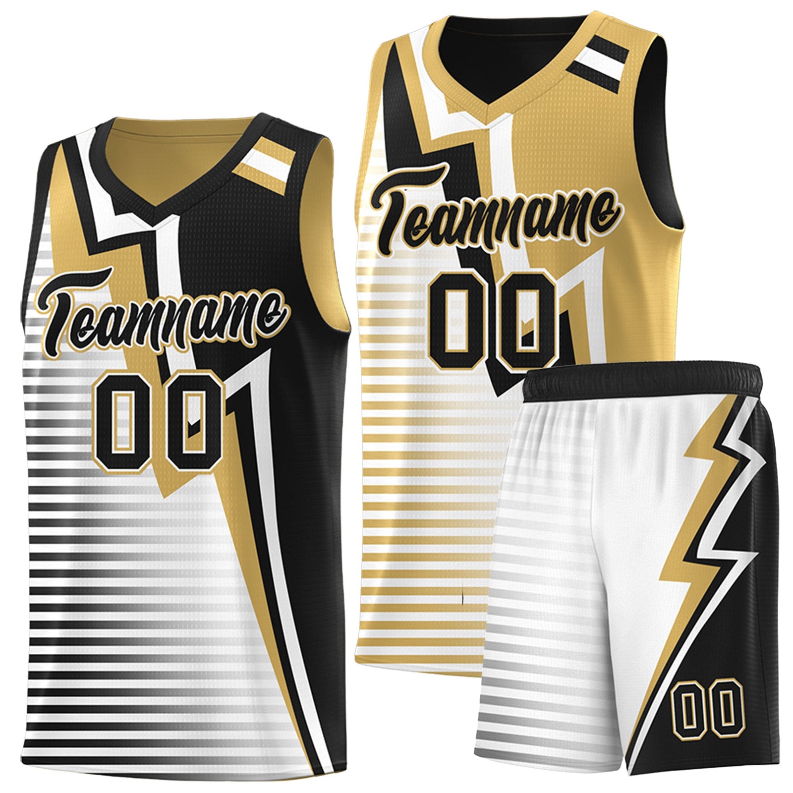 Custom Black Old Gold White Gradient Stripes Lightning Pattern Reversible Sets Basketball Jersey| KXKSHOP