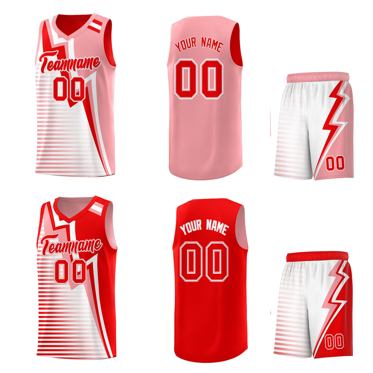 Custom Light Red Light Pink White Gradient Stripes Lightning Pattern Reversible Sets Basketball Jersey| KXKSHOP