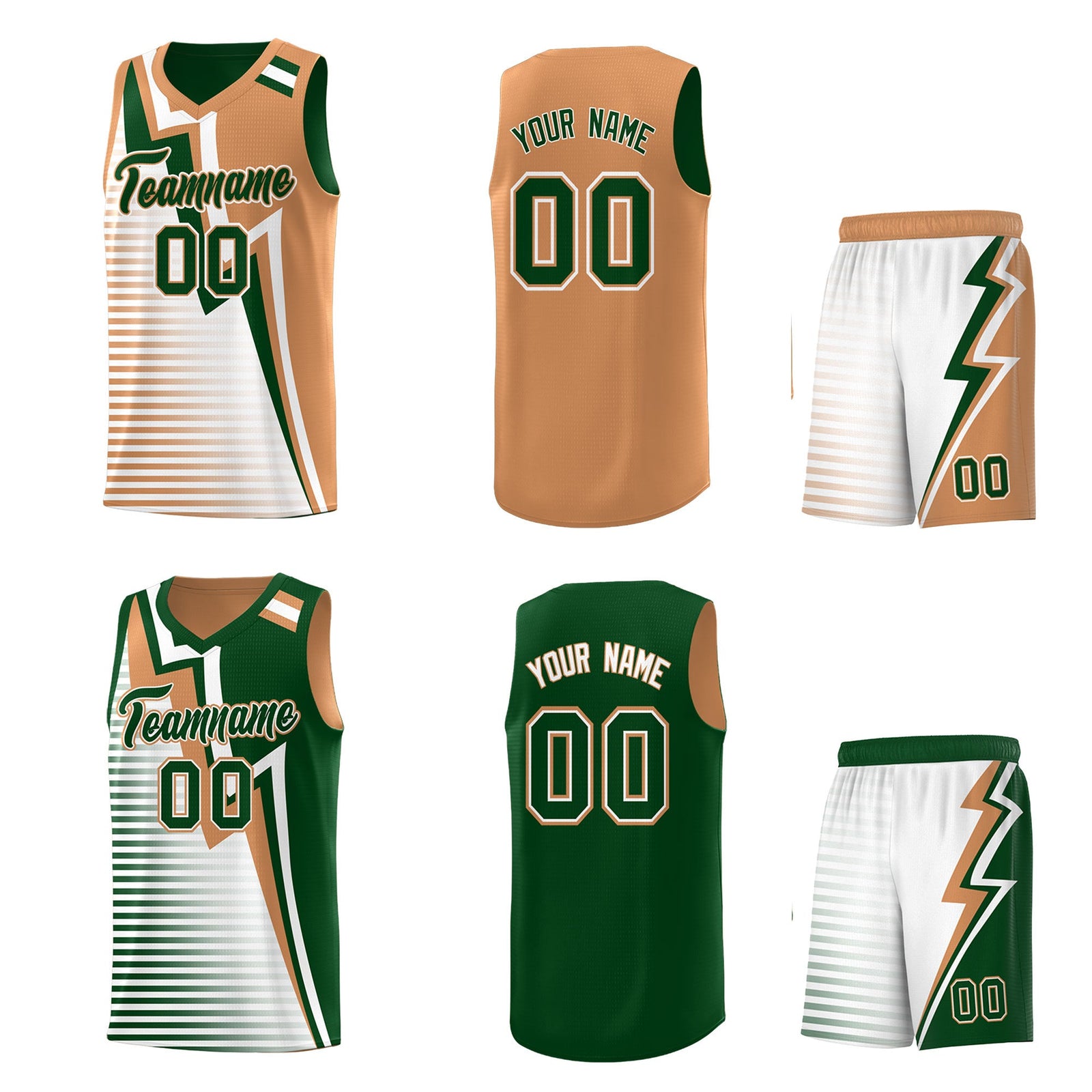 Custom Green Buckskin Brown White Gradient Stripes Lightning Pattern Reversible Sets Basketball Jersey| KXKSHOP