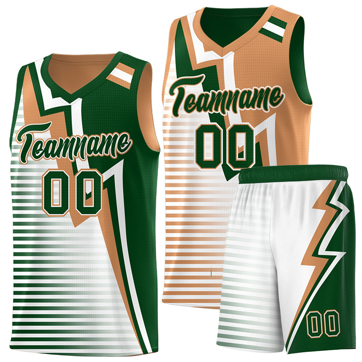 Custom Green Buckskin Brown White Gradient Stripes Lightning Pattern Reversible Sets Basketball Jersey| KXKSHOP