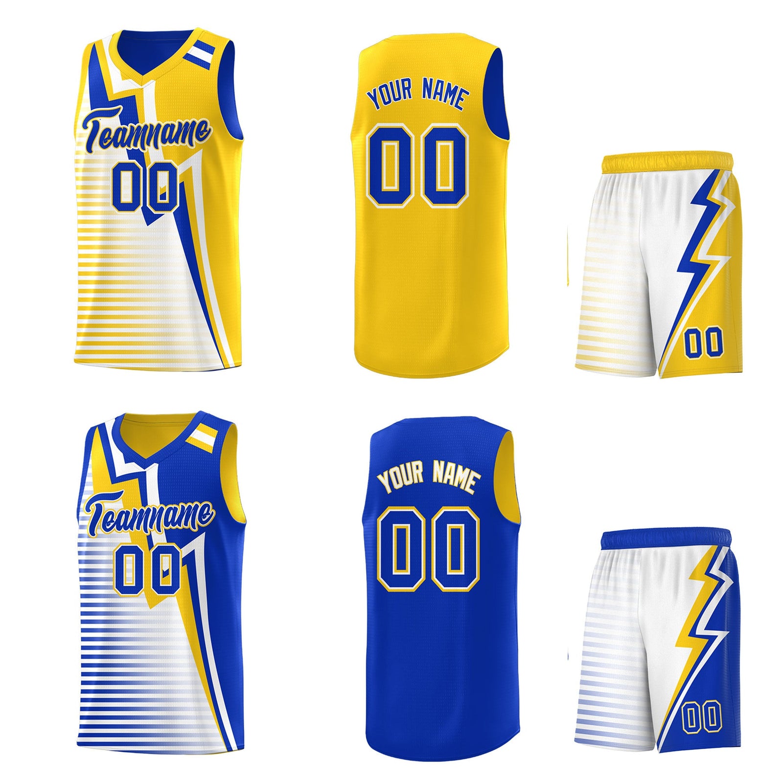 Custom Royal Blue Gold White Gradient Stripes Lightning Pattern Reversible Sets Basketball Jersey| KXKSHOP