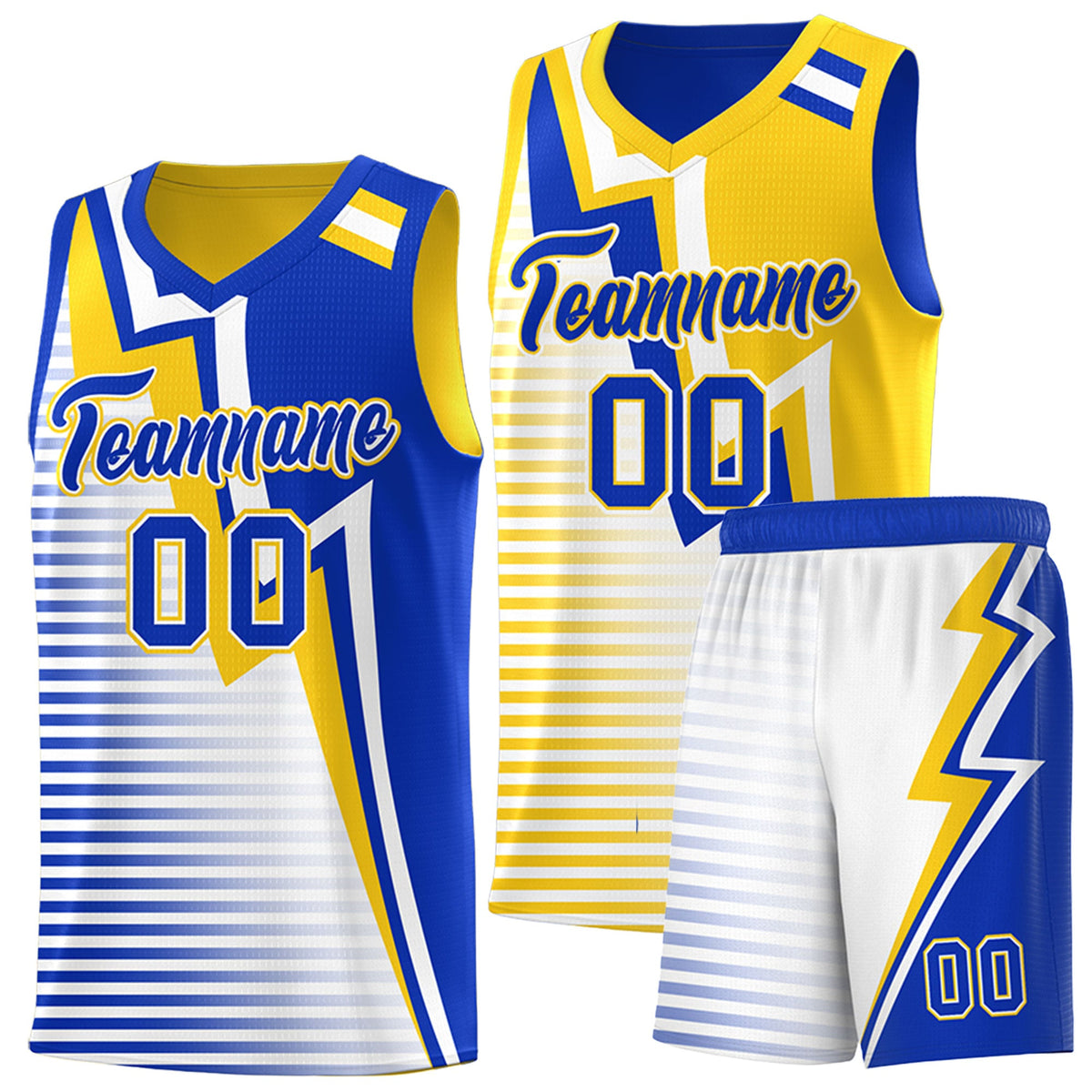 Custom Royal Blue Gold White Gradient Stripes Lightning Pattern Reversible Sets Basketball Jersey| KXKSHOP