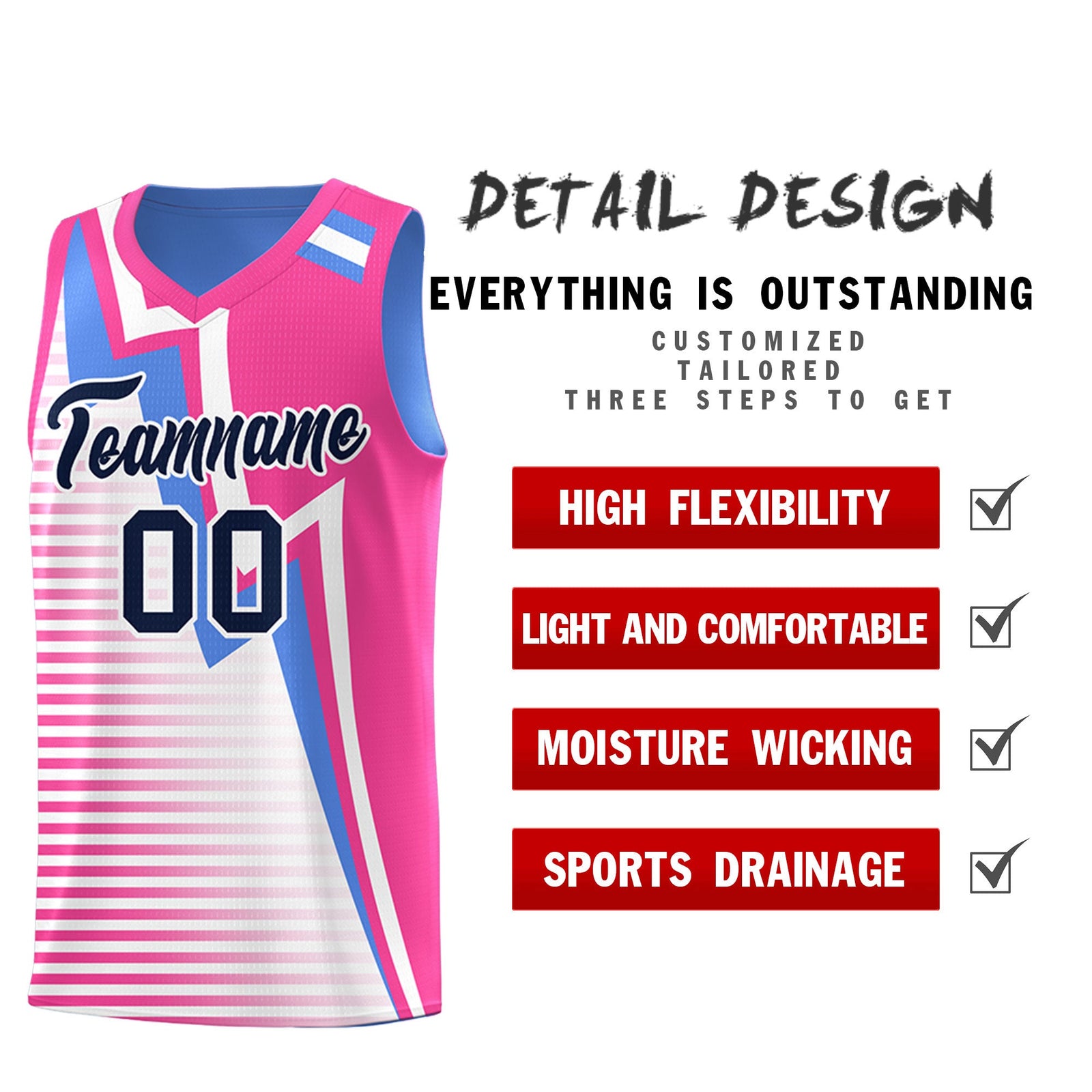 Custom Powder Blue Pink White Gradient Stripes Lightning Pattern Reversible Sets Basketball Jersey| KXKSHOP