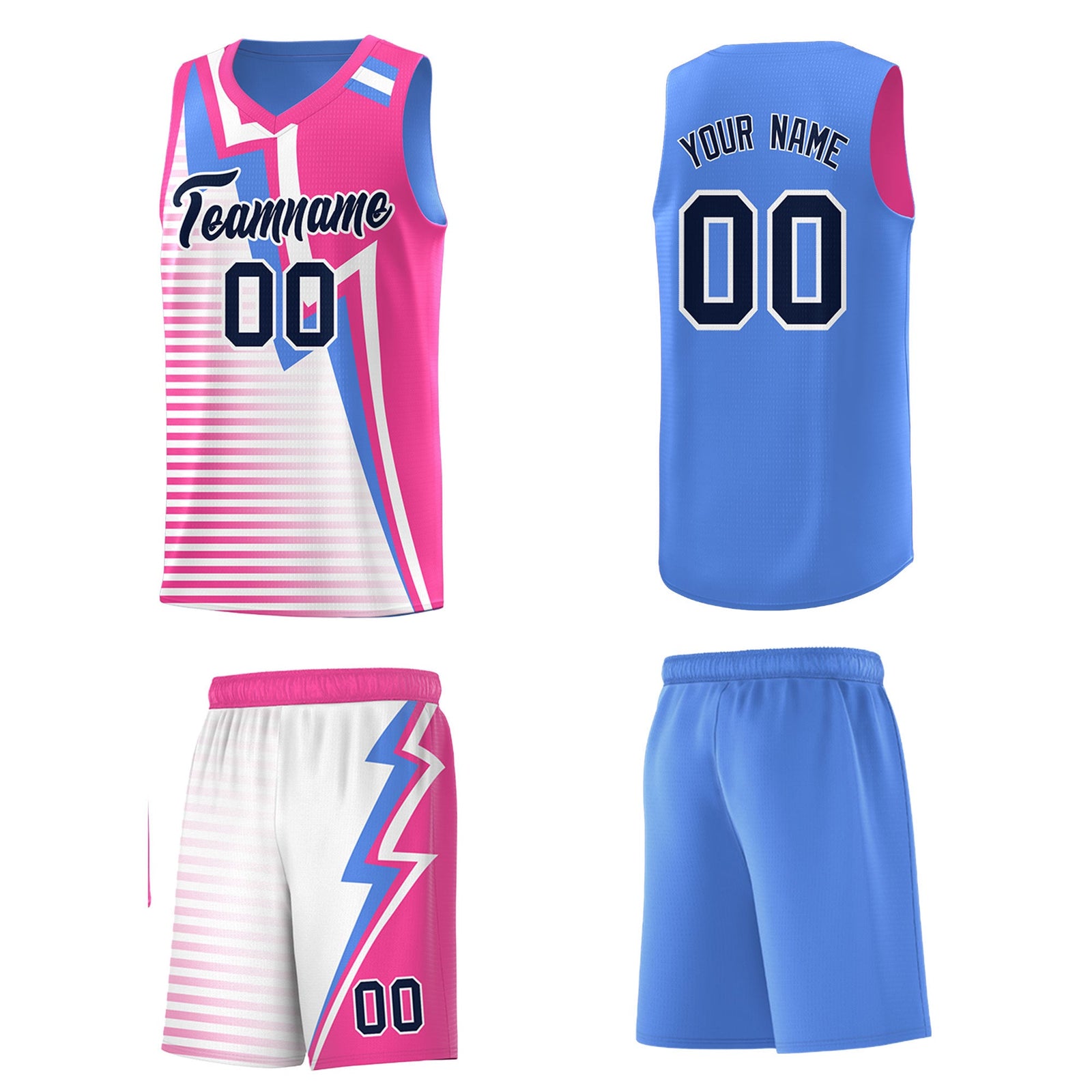 Custom Powder Blue Pink White Gradient Stripes Lightning Pattern Reversible Sets Basketball Jersey| KXKSHOP