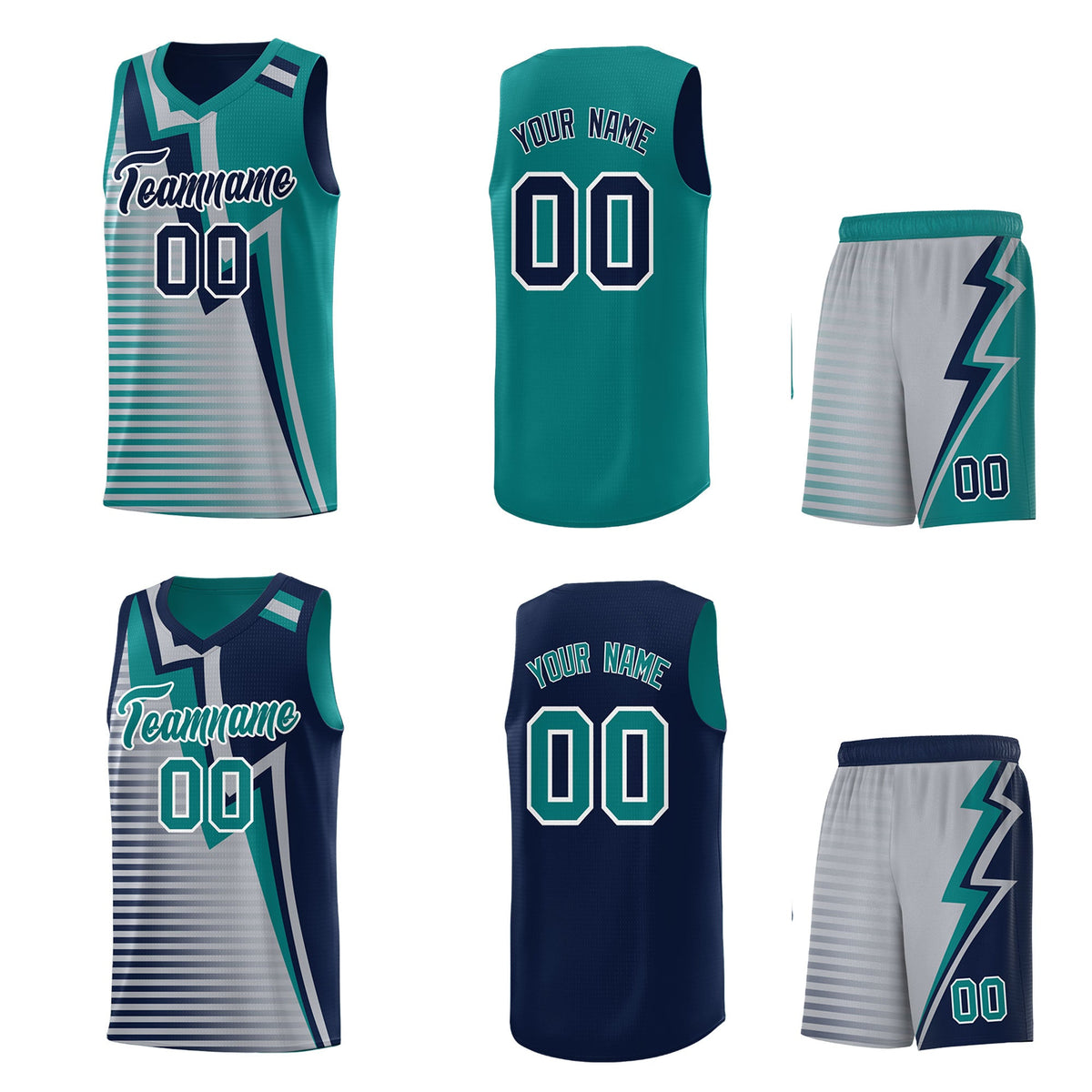 Custom Navy Teal Gray Gradient Stripes Lightning Pattern Reversible Sets Basketball Jersey| KXKSHOP
