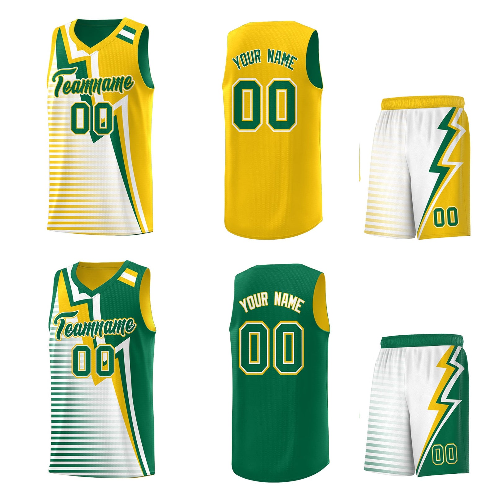 Custom Kelly Green Gold White Gradient Stripes Lightning Pattern Reversible Sets Basketball Jersey| KXKSHOP