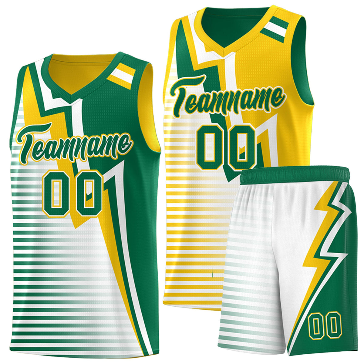 Custom Kelly Green Gold White Gradient Stripes Lightning Pattern Reversible Sets Basketball Jersey| KXKSHOP