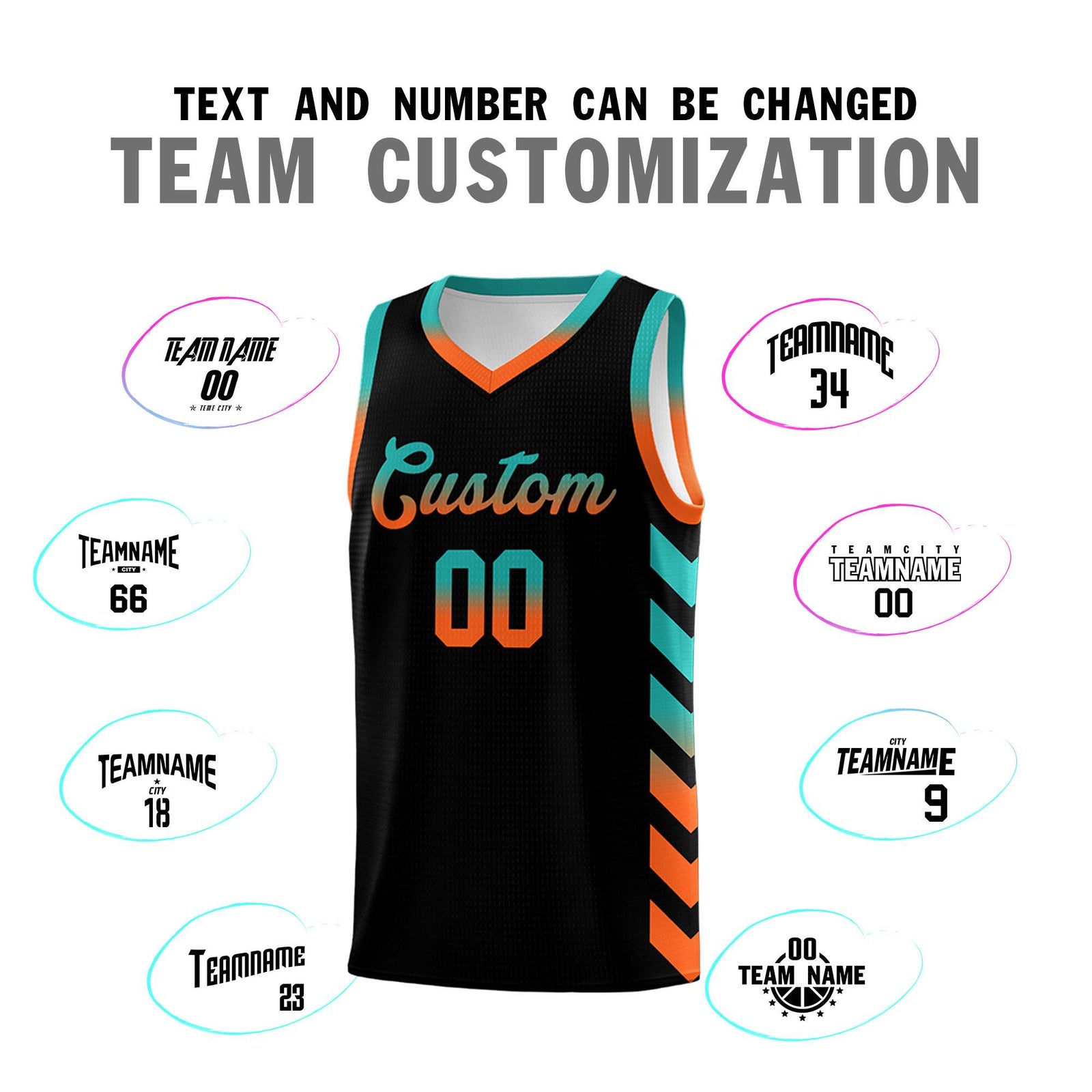 Custom White Black Reversible Basketball Jersey Kits - Side Arrow Aqua Orange Gradient