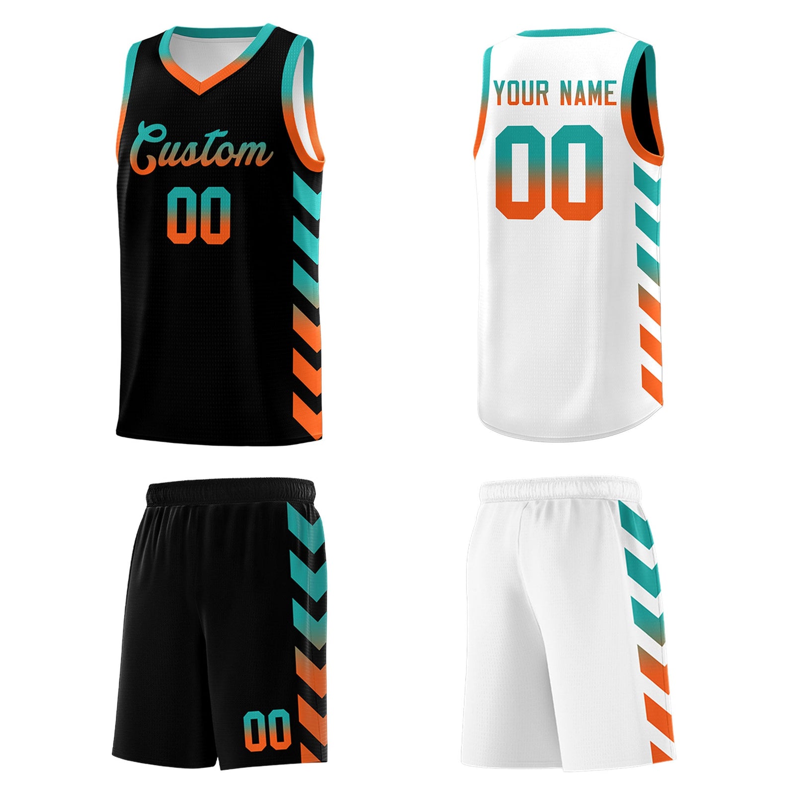 Custom White Black Reversible Basketball Jersey Kits - Side Arrow Aqua Orange Gradient