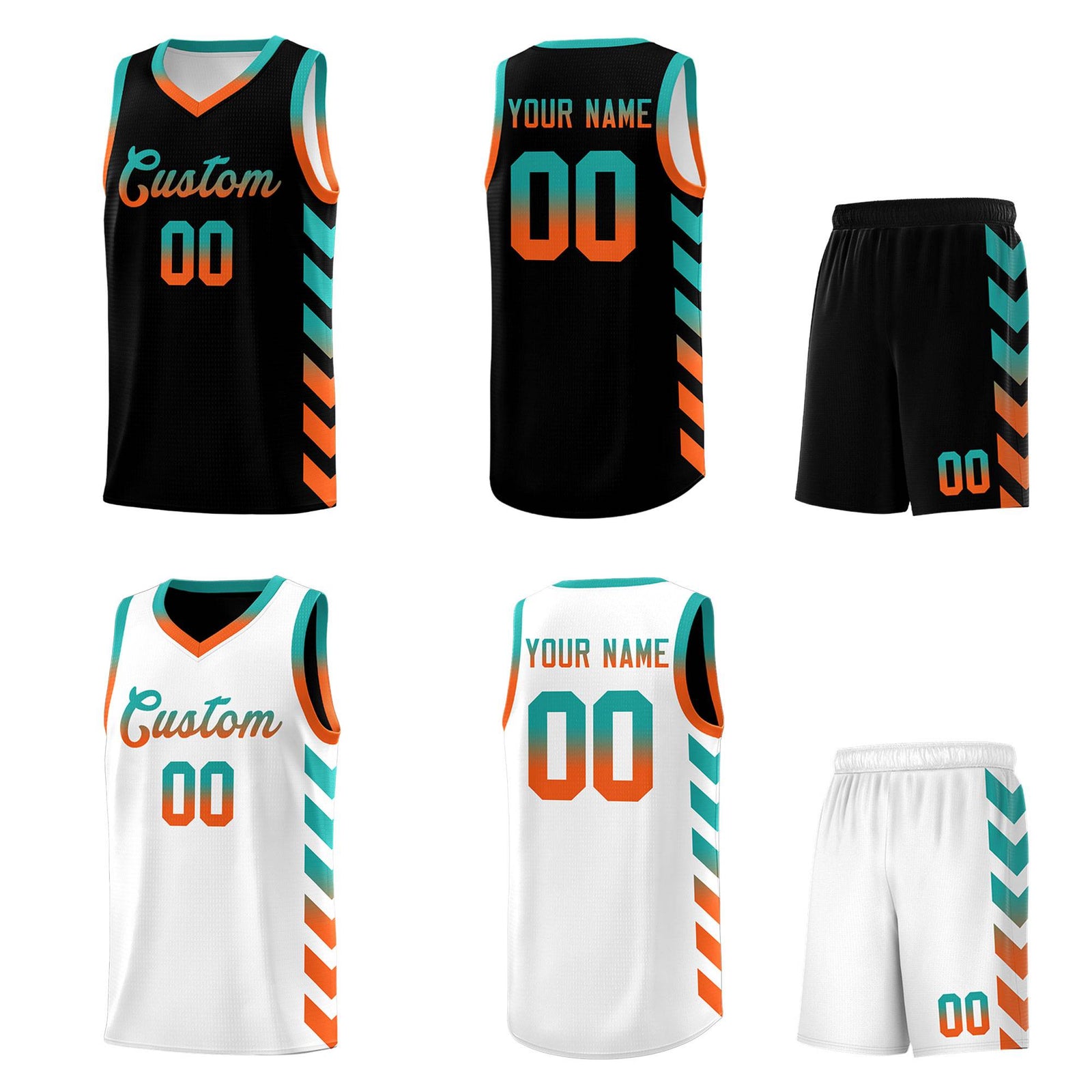 Custom White Black Reversible Basketball Jersey Kits - Side Arrow Aqua Orange Gradient