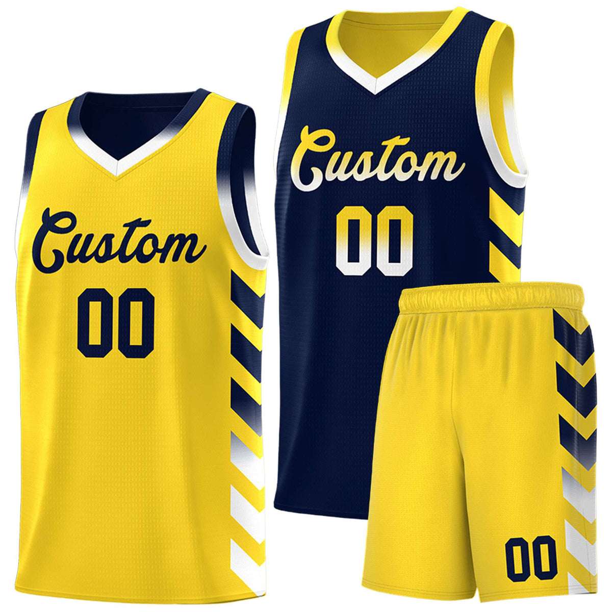 Custom Gold Navy Reversible Basketball Jersey Kits - Side Arrow Navy White Gradient