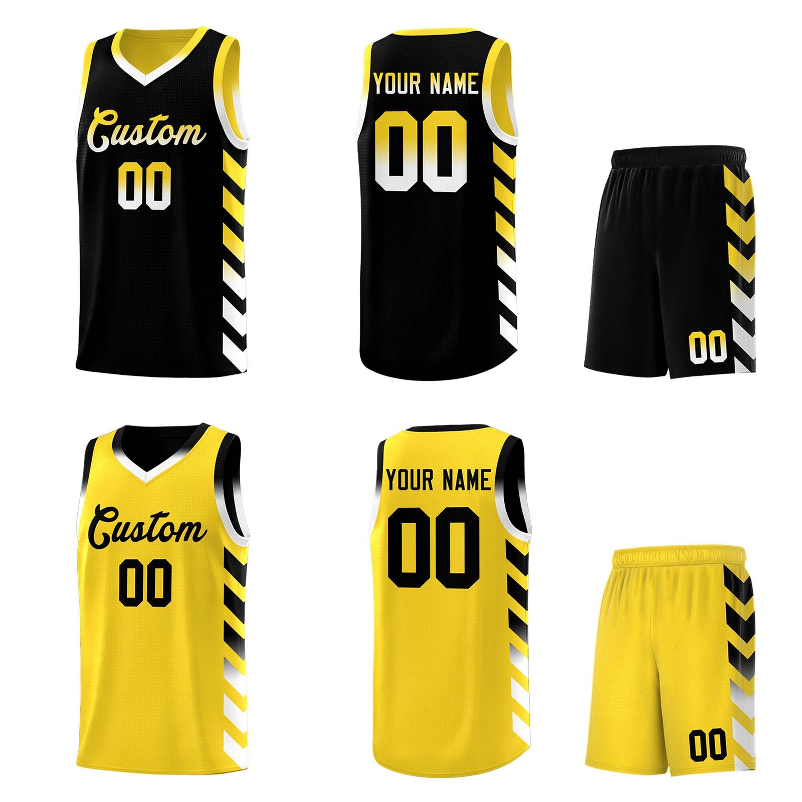 Custom Gold Black Reversible Basketball Jersey Kits - Side Arrow Black White Gradient