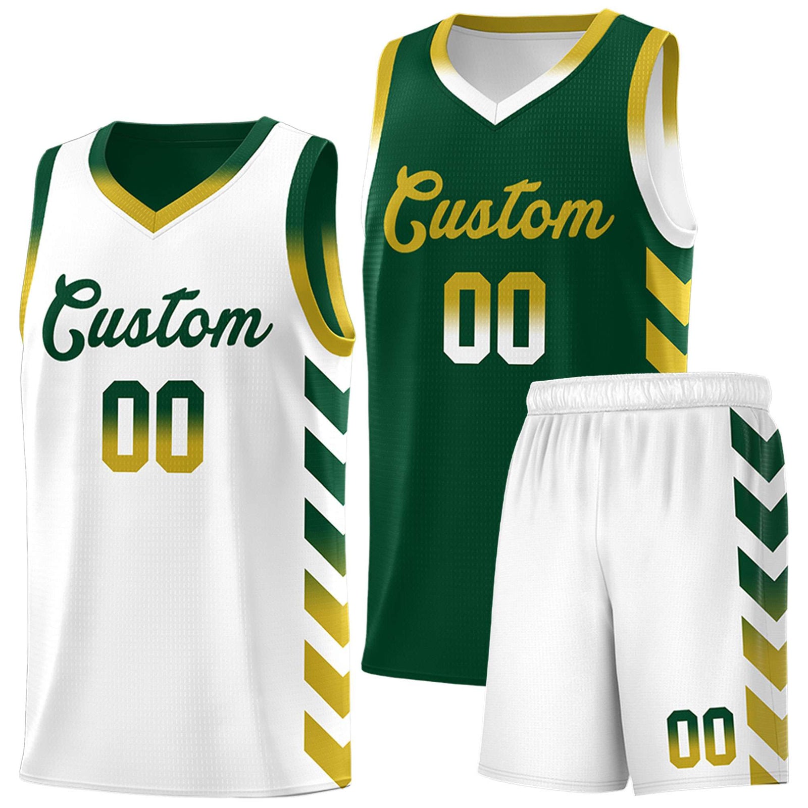 Custom White Green Reversible Basketball Jersey Kits - Side Arrow Green Old Gold Gradient
