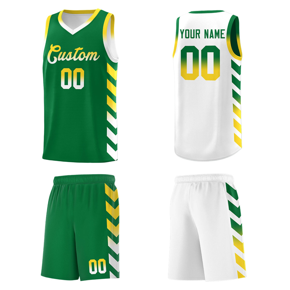 Custom White Kelly Green Reversible Basketball Jersey Kits - Side Arrow Kelly Green Gold Gradient