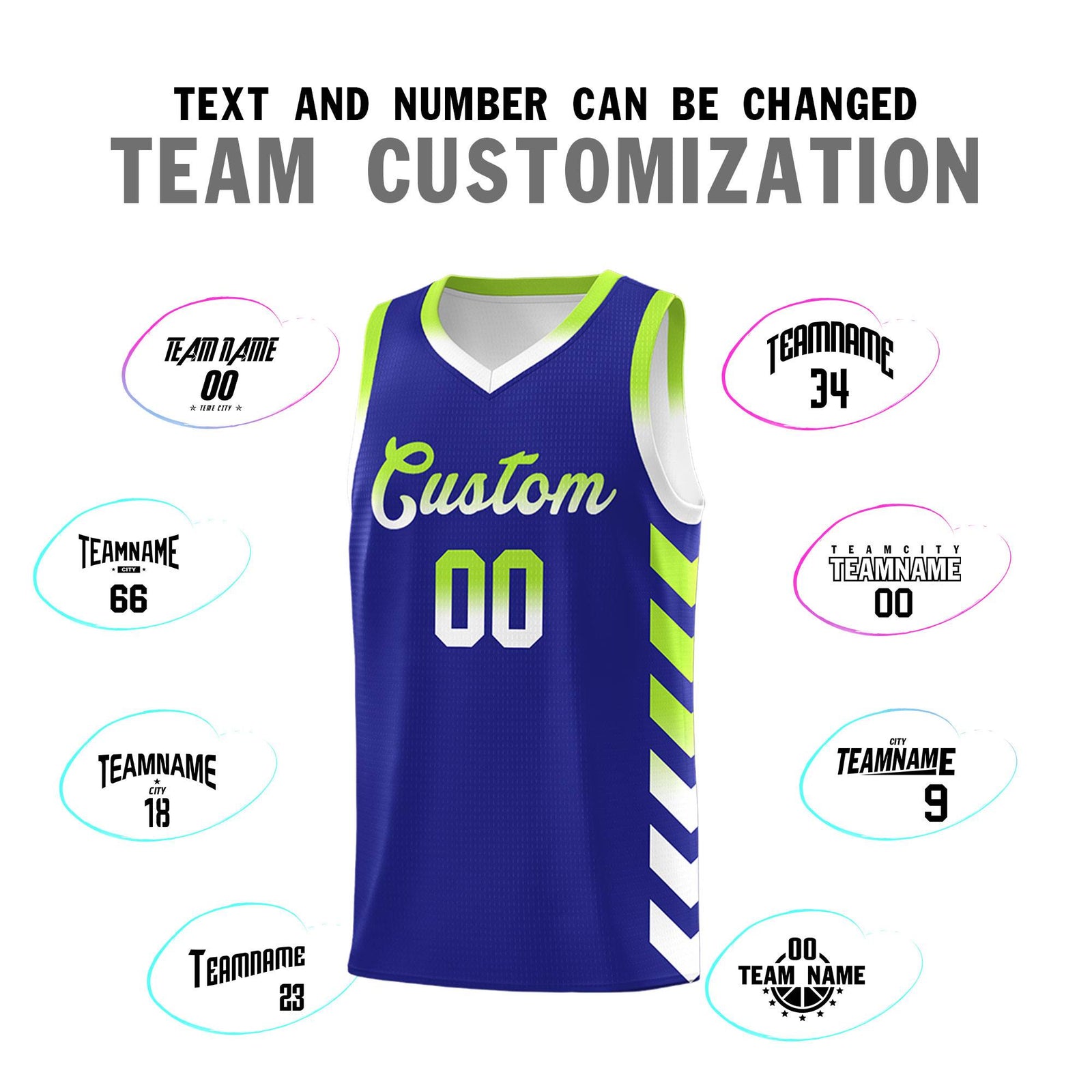 Custom White Royal Reversible Basketball Jersey Kits - Side Arrow Royal Neon Green Gradient