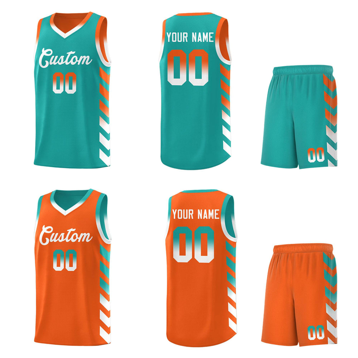 Custom Orange Aqua Reversible Basketball Jersey Kits - Side Arrow Aqua White Gradient