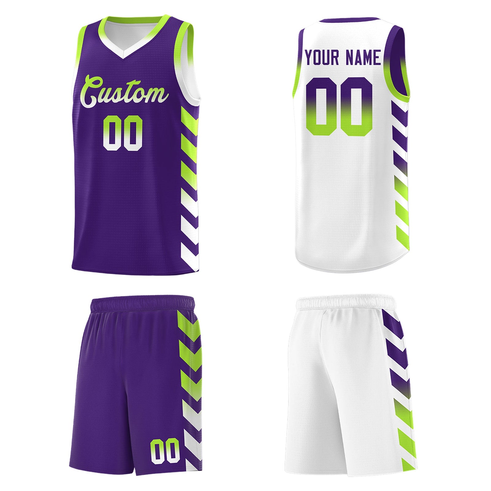 Custom White Purple Reversible Basketball Jersey Kits - Side Arrow Purple Neon Green Gradient